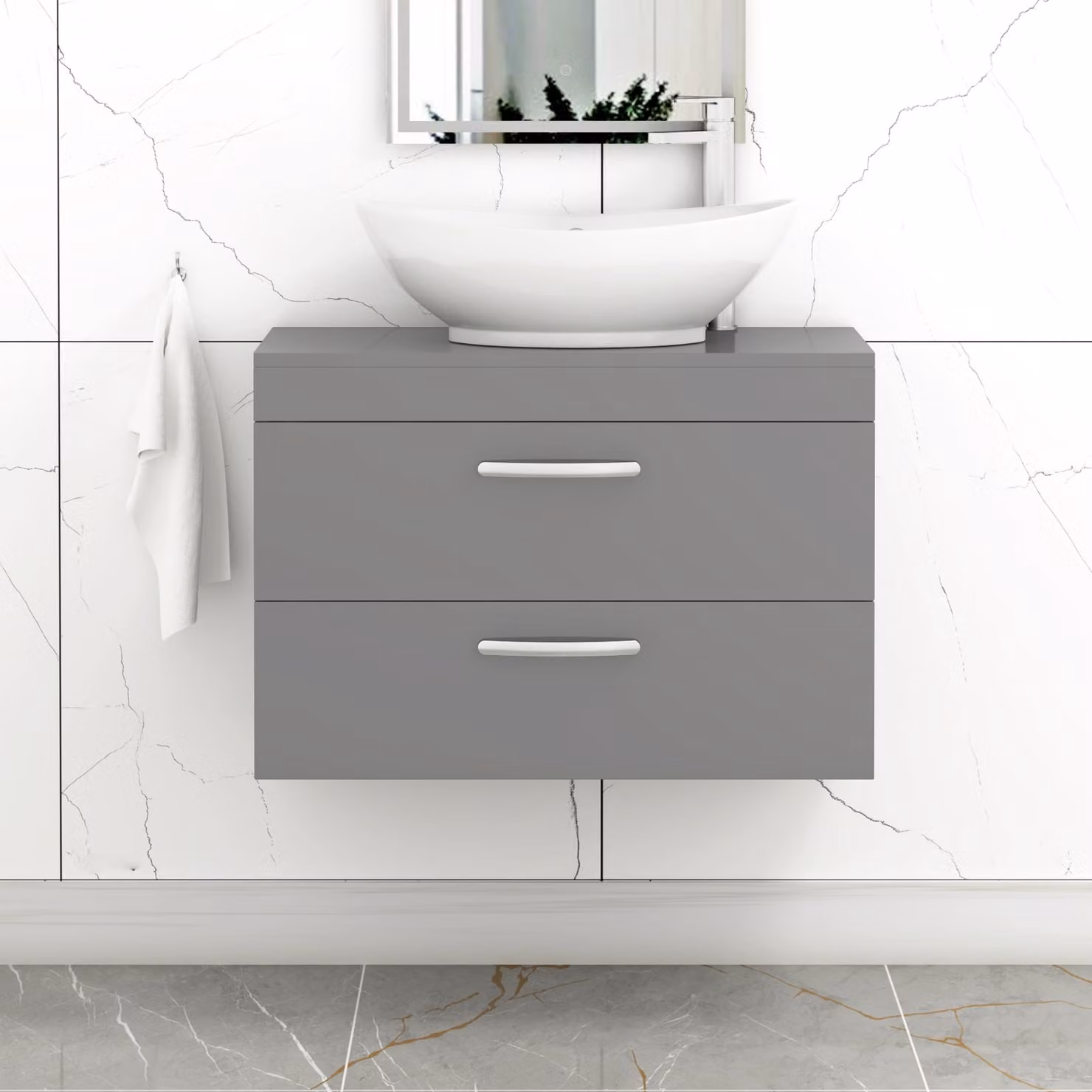 Royal Bathrooms Turin 600mm Wall Hung Vanity Unit with 2 Drawers and Countertop Basin in Indigo Grey Gloss