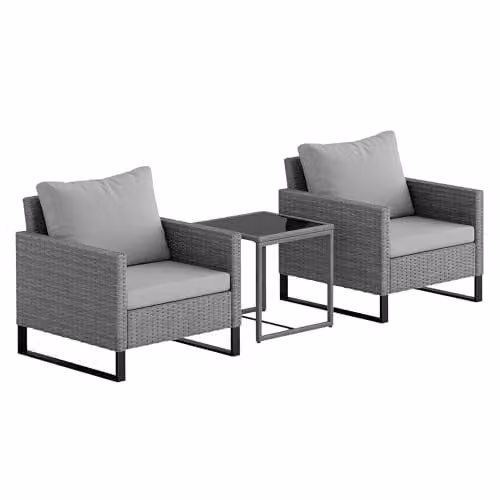 Outsunny 3 Piece Grey Rattan Bistro Set for 2 with 4 Cushions and Glass Top