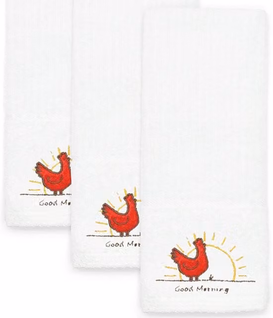 Kitchen Trends Set of 3 White Cotton Chicken Design Embroidered Highly Absorbent Tea Towels