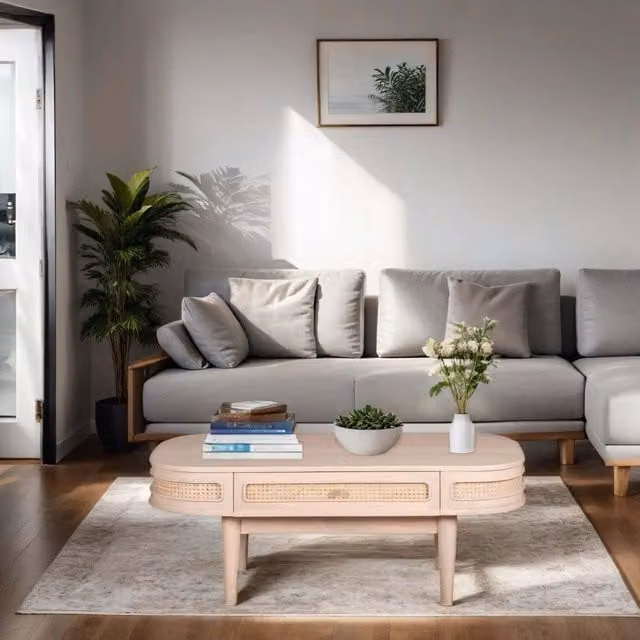 IH Design Mango Wood and Rattan Coffee Table in Natural Brown and Beige, W: 115 cm, D: 55 cm, H: 45 cm