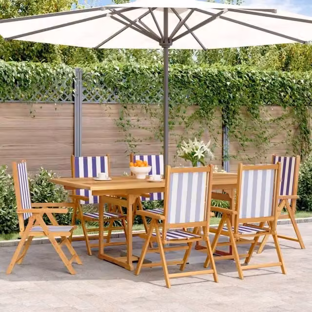 Berkfield Home 7 Piece Maritime Blue and White Striped Garden Dining Set in Acacia Wood and Rattan – 1