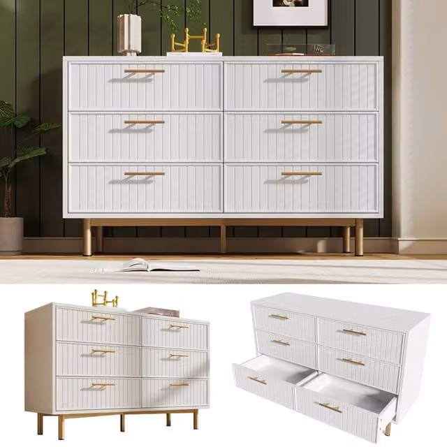 Rolipo Modern White and Gold 6-Drawer Chest of Drawers Sideboard