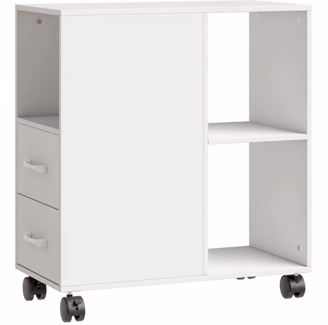 HOMCOM Narrow Mobile Printer Table with Wheels and Drawers, White, W/D/H: 30 x 60 x 65 cm – 1