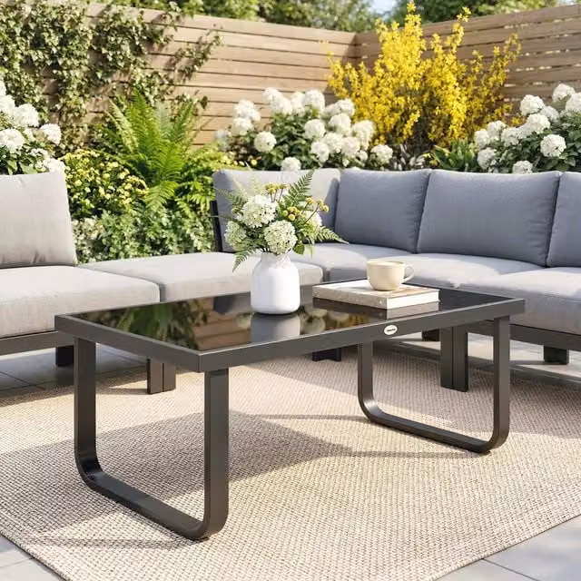 Outsunny Modern Garden Coffee Table with Glass Top, Black