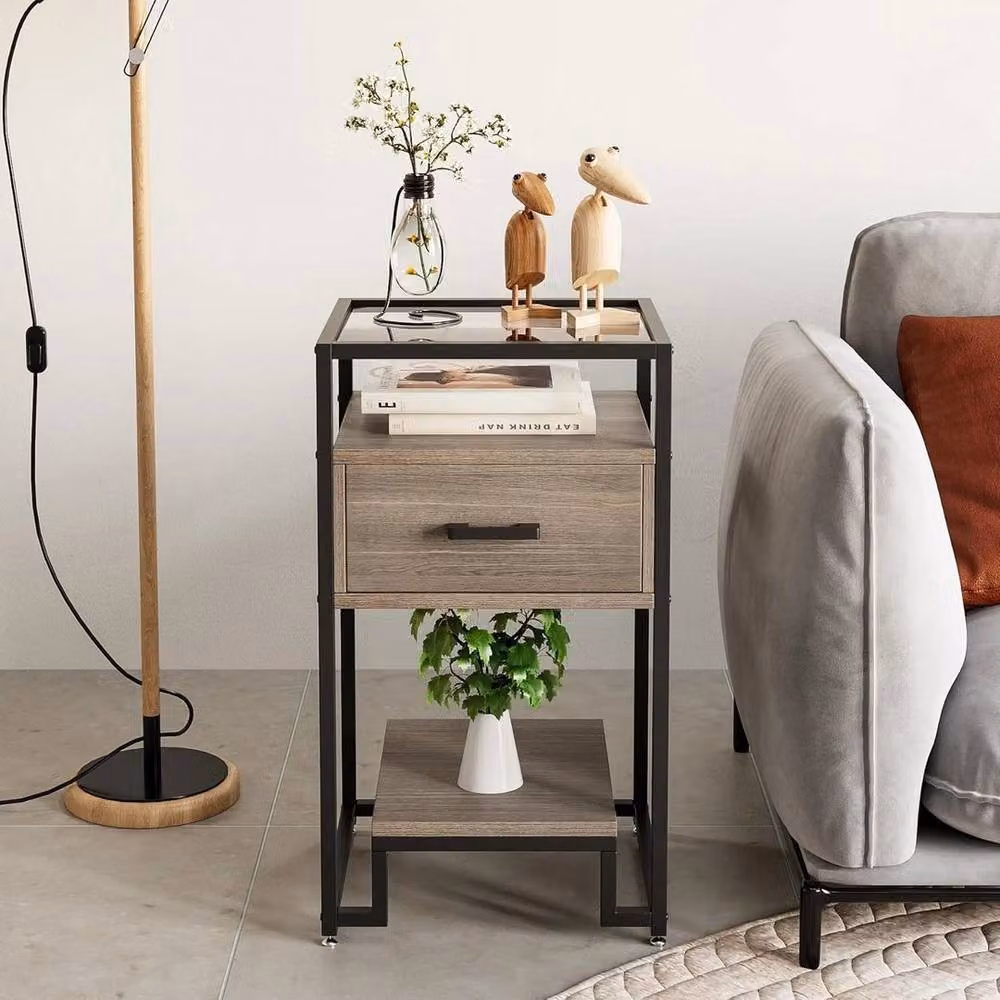 KORVIXA Modern Side Table in Brown and Black with Tempered Glass Top, W/D/H: 100 x 100 x 77.97 cm – 4