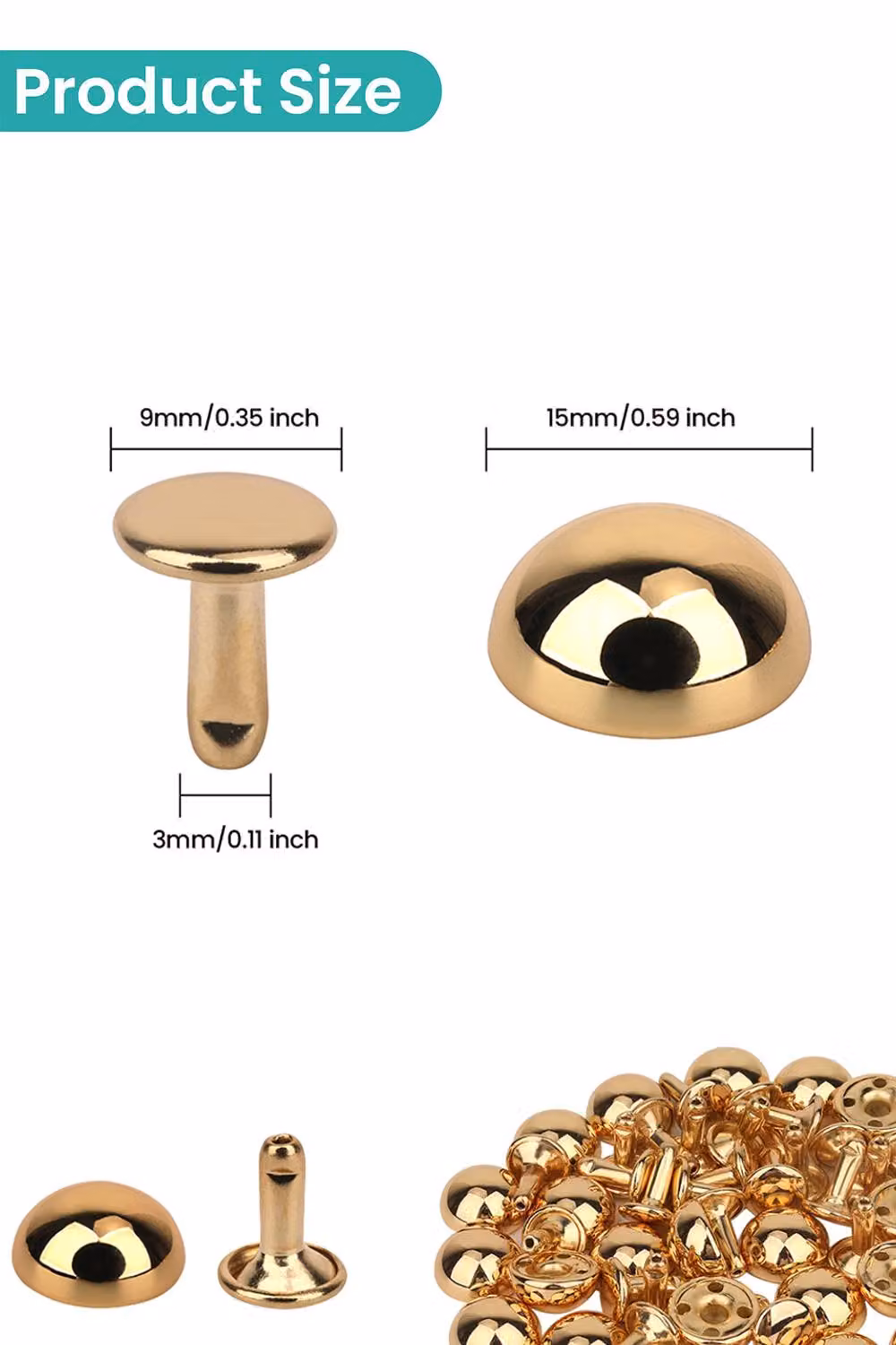 Neel Blue 25pcs Gold Nickel-Plated Dome Shaped Bag Feet Rivets with 9mm Round Studs, 15mm – 2