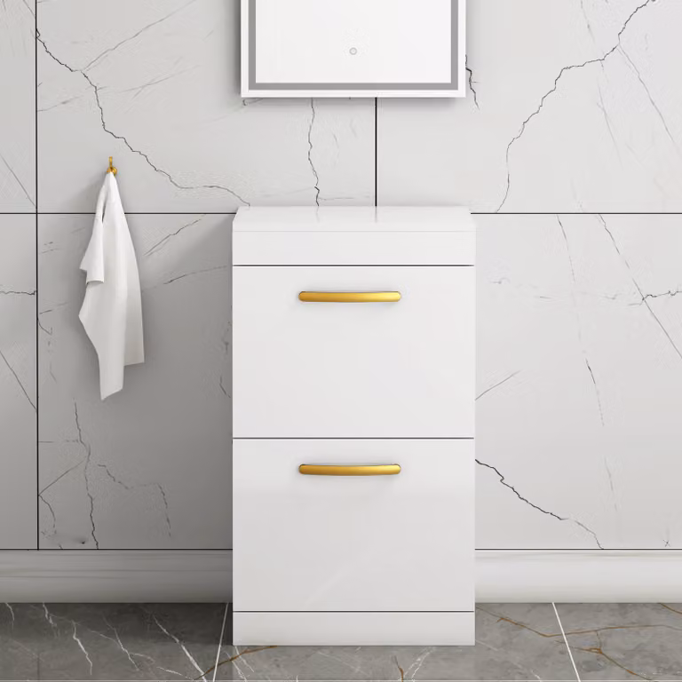 Royal Bathrooms Turin 500mm Gloss White Floor Standing 2 Drawer Worktop Vanity Unit with Brushed Brass Handle