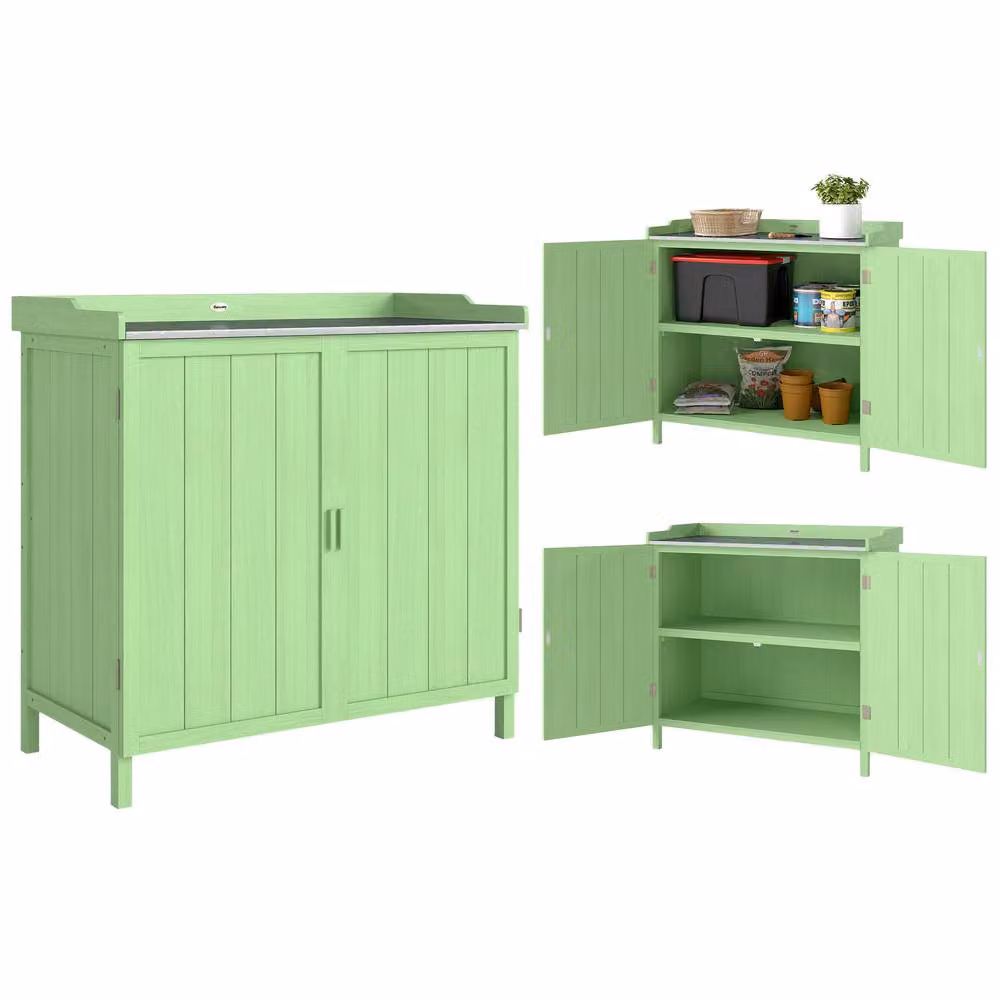 OUTSUNNY Garden Storage Cabinet Potting Bench Table with Galvanised Steel Top in Light Green – 2