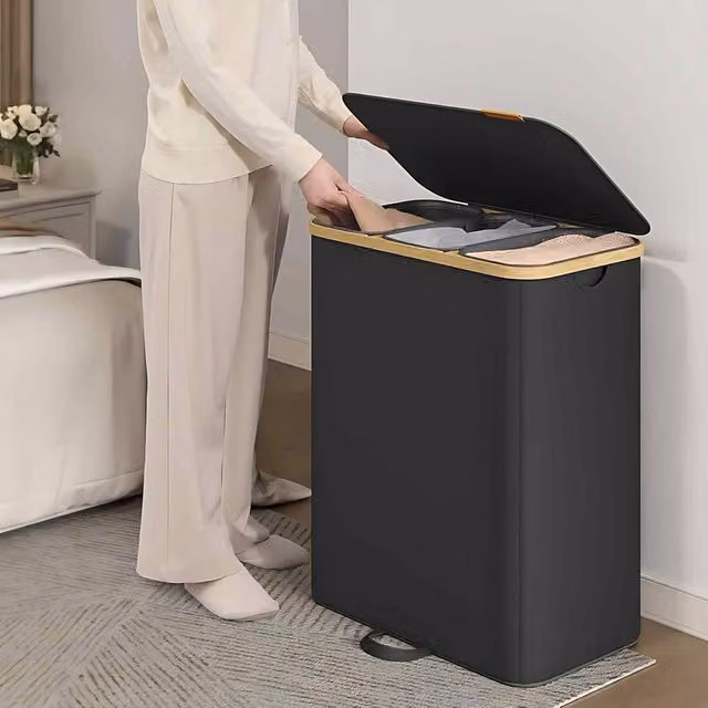 The Bazaarist 3 Compartment Laundry Hamper with Lid and Removable Bags in Black and Dark Grey