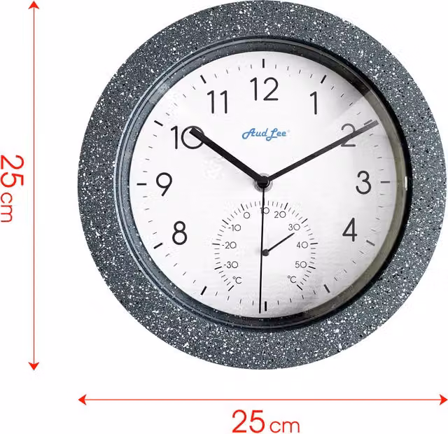 Audlee Silent Round Faux Concrete Wall Clock with Thermometer in Grey and Multicolour