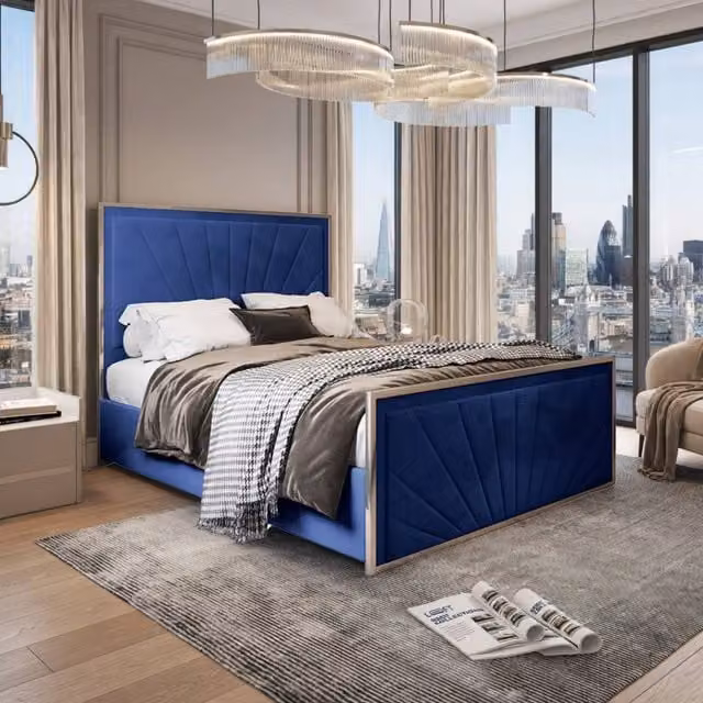 KDMD Thornbury Single Upholstered Velvet and Metal Designer Bed Frame in Blue