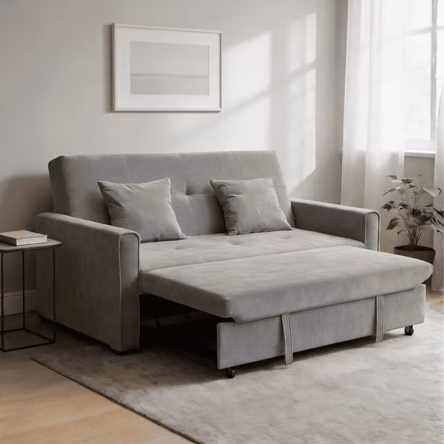 Home Source Charleston Pull Out Linen Sofa Bed in Grey with Microfibre Upholstery and Scatter Cushions