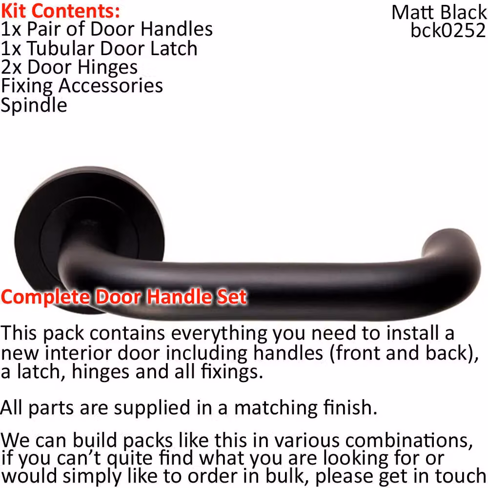 Loops Matt Black Curved Safety Lever Door Handle and Latch Pack with Round Rose – 2