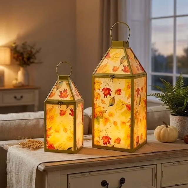 Garden Greatness Autumn Leaf Glass Tabletop Lanterns, Set of 2, Multicolour and Green