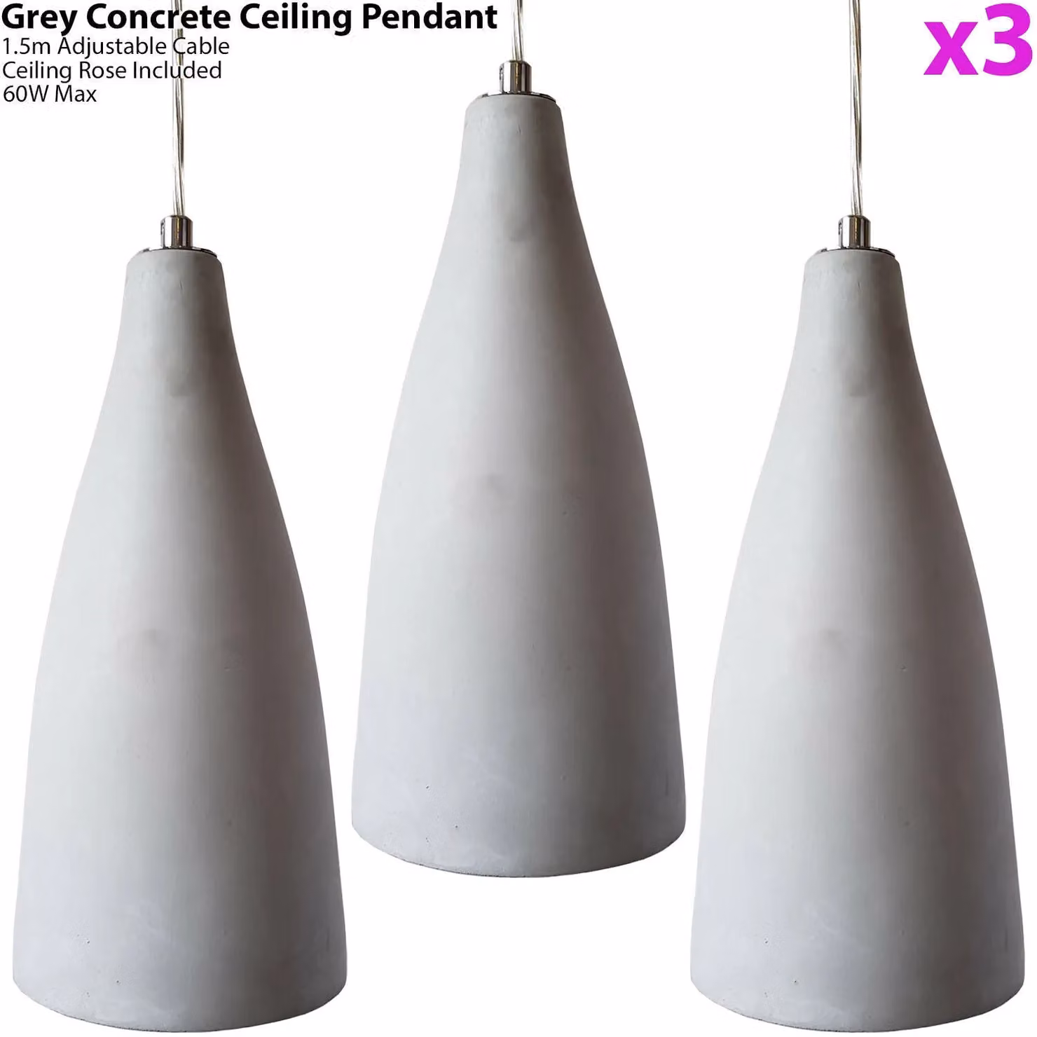 Loops 3x Grey Concrete Industrial LED Pendant Light Kit – 2