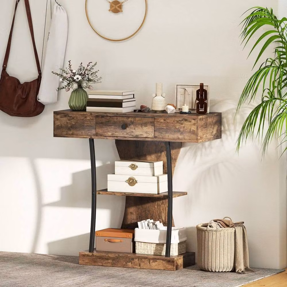 Kelvenix Industrial Console Table with Storage Shelves in Brown and Black – 5