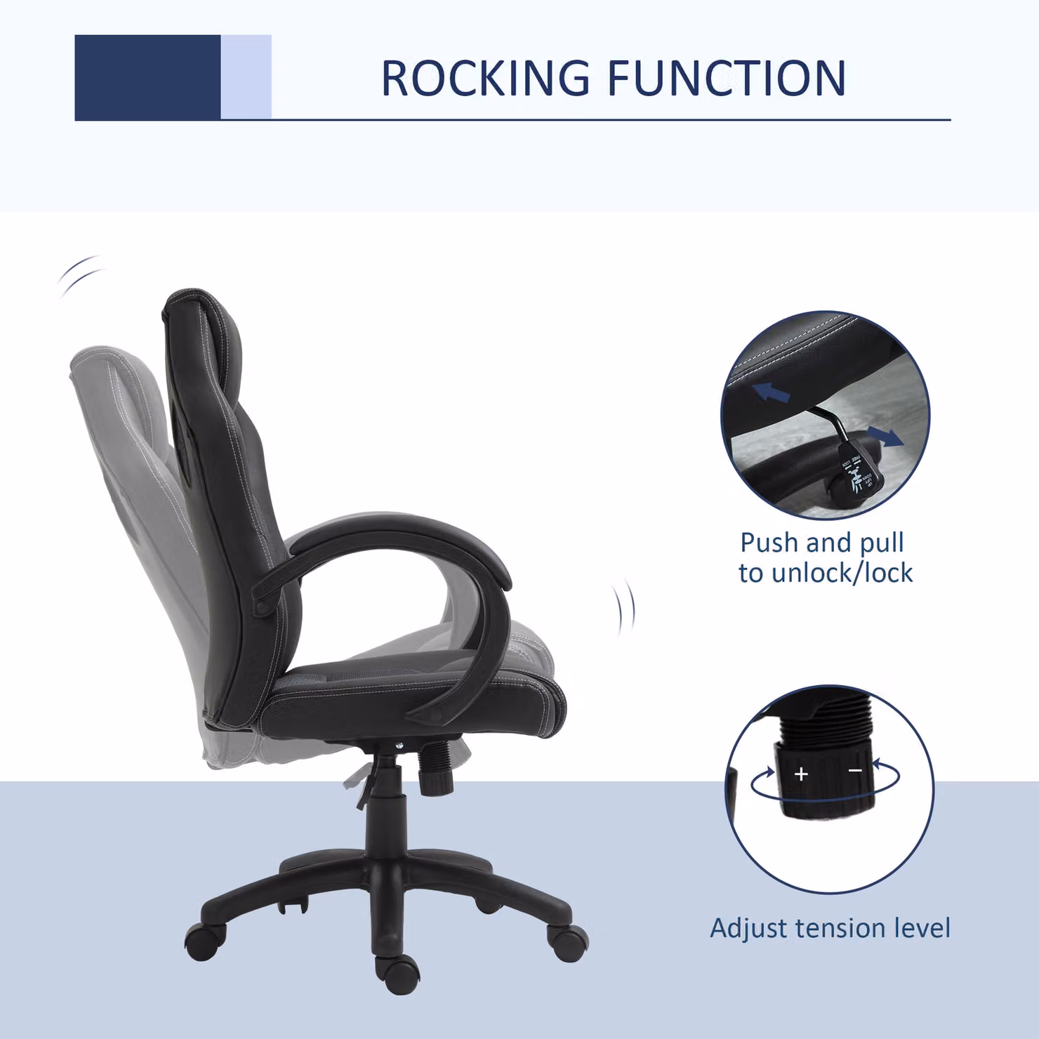 Vinsetto Ergonomic Gaming Recliner Chair in Black Faux Leather with Armrests and Silent Wheels – 5