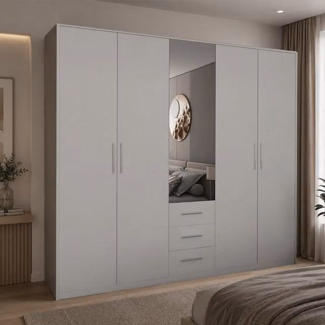 Swindon Matt White 5 Door 200cm Wardrobe with Mirror and 3 Integrated Drawers
