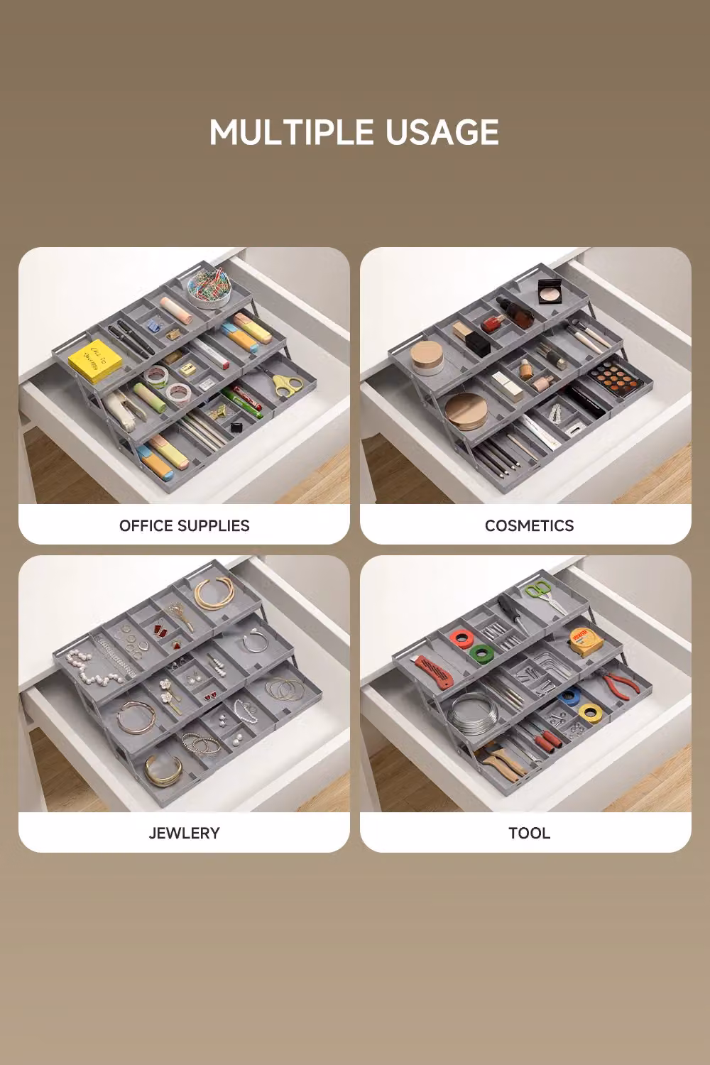Living and Home Versatile Expandable Multi-tier Cutlery and Kitchenware Organiser Tray in Grey – 4