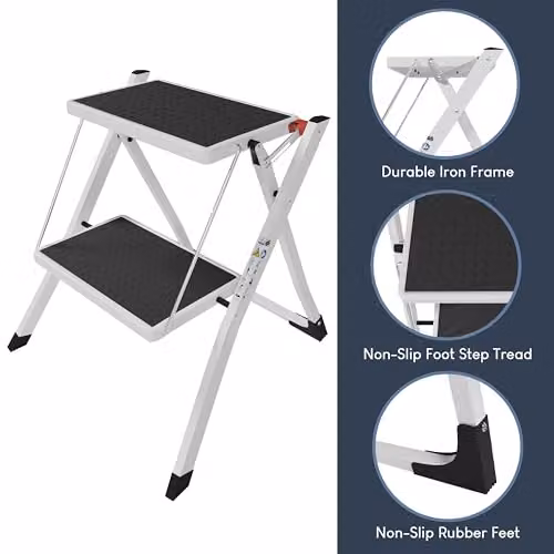 Home Vida 2 Step Folding Steel Ladder with Anti-Slip Mats and Handle, White – 7
