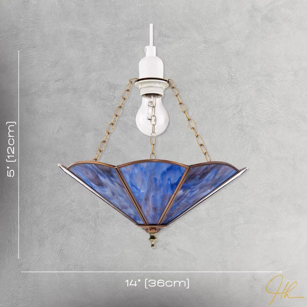 Happy Homewares Classic Tiffany Glass Easy Fit Pendant Shade in Blue with Brass Trims, Diameter: 35.56 cm – 3