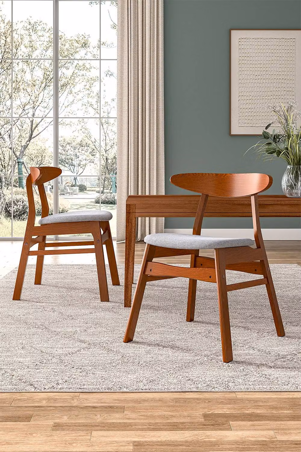 Livingandhome Set of 2 Grey Linen Dining Chairs with Wooden Frames – 3