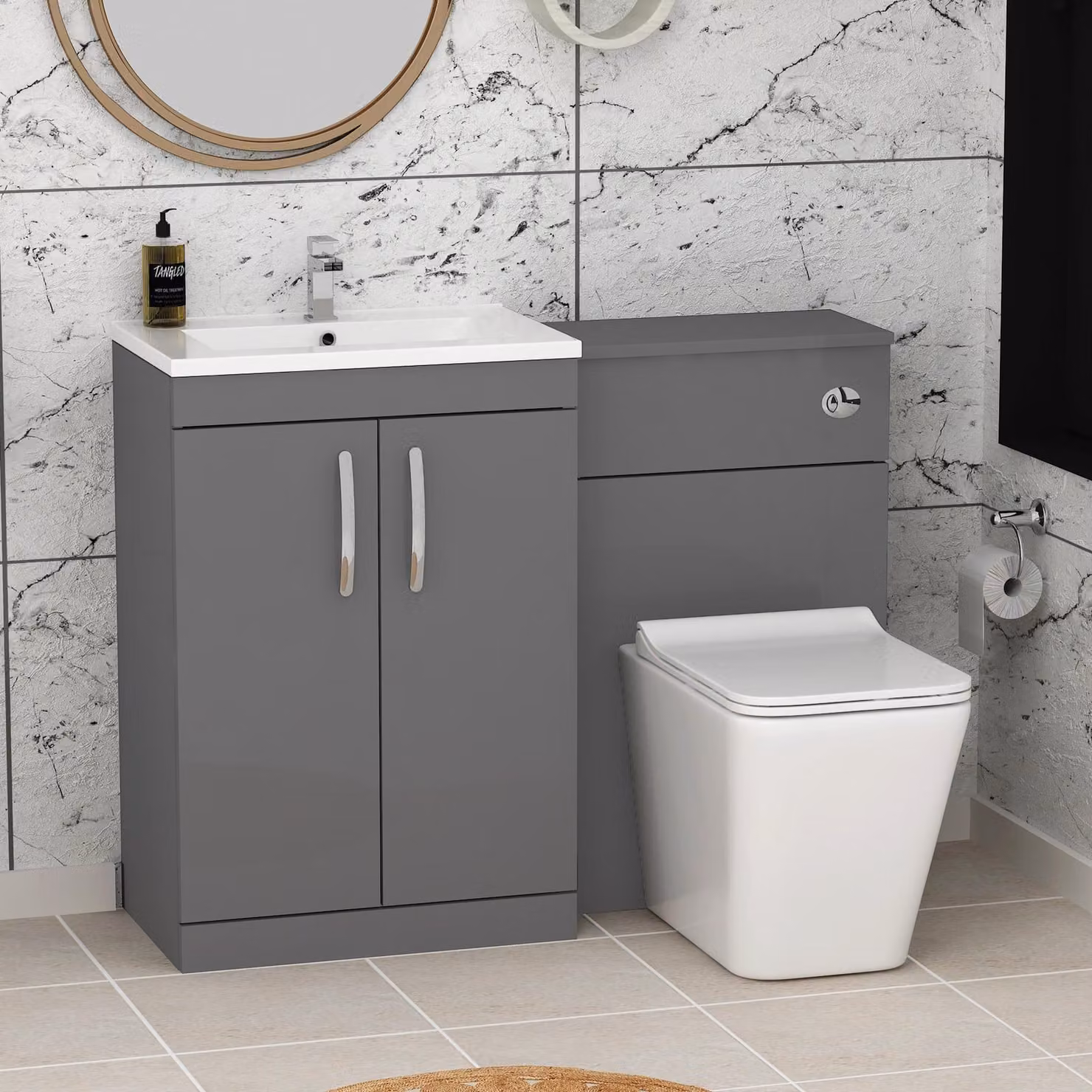 Royal Bathrooms Indigo Grey Gloss 2 Door Furniture Pack with Minimalist Basin and Slim Elena Back to Wall Toilet, W: 110 cm