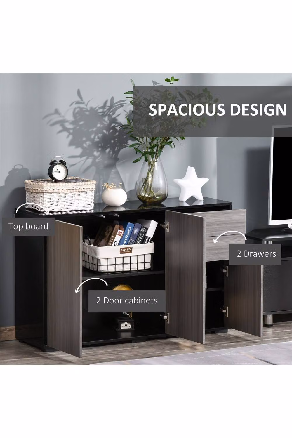 ERGOVEXA High Gloss Side Cabinet in Grey with 2 Drawers and Push-Open Design, W: 36.0 cm, D: 74.0 cm, H: 117.0 cm – 3