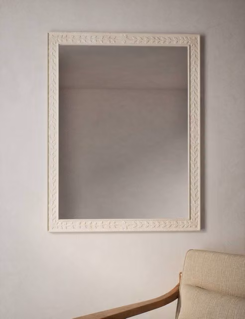 M&S Large Rectangular Floral Carved Wooden Wall Mirror in Natural Beige