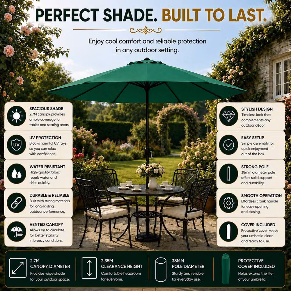 Glamhaus Green Garden Table Parasol with Crank Handle and UPF 50+ Protection, Diameter: 270 cm – 7