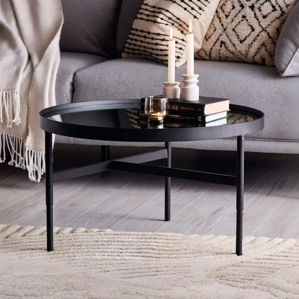 Cheshire Monroe Round Glass Coffee Table in Black and Mirrored Finish – 2