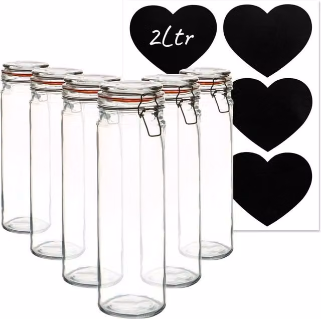 Argon Tableware Set of 6 Transparent Glass Spaghetti Jars with Clip Lids, 2 l each