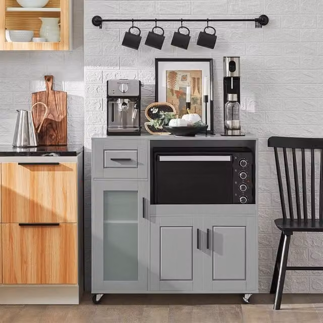 SoBuy Grey Rustic Kitchen Trolley with Glass Doors and Appliance Housing Unit