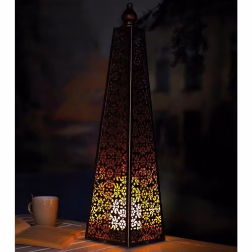mysmartbuy Moroccan Style Pyramid Lantern Lamp, Bronze Effect, Battery Powered LED Light with Remote Control and Timer, IP44 Weatherproof, H60 x W15 cm – 2