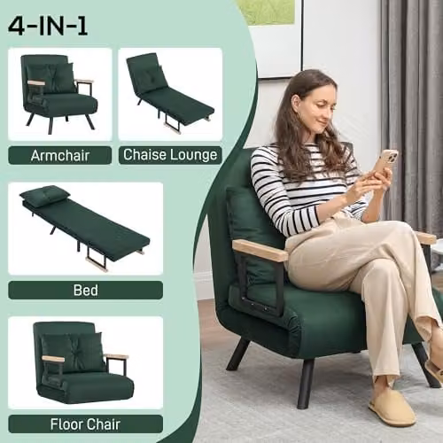 HOMCOM Green Velvet Click Clack Single Chair Bed Settee with Armrests – 4