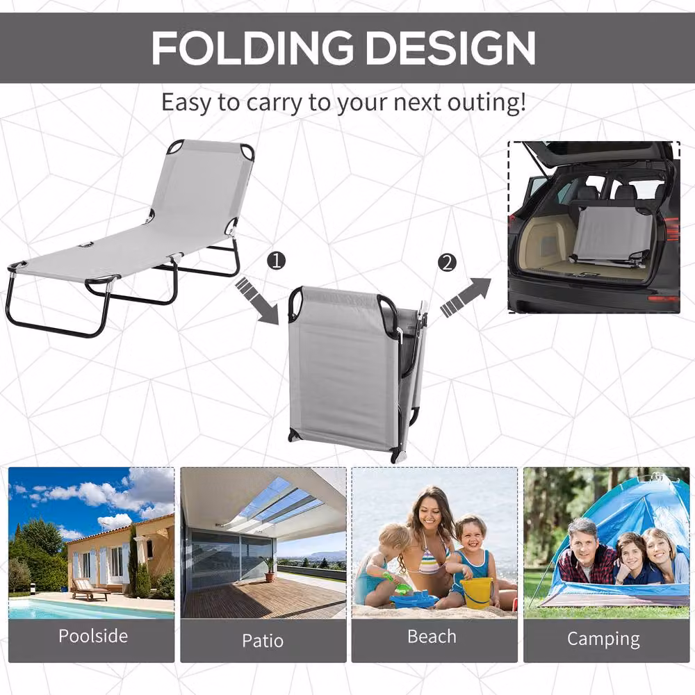 Outsunny Foldable Reclining Sun Lounger with Adjustable Sun Canopy and Headrest in Grey – 4