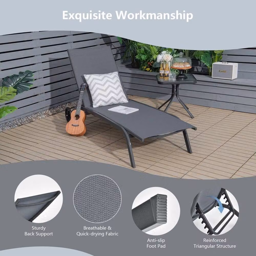 KORVIXA 6 Positions Adjustable Chaise Lounge Deck in Grey, W/D: 100 x 100 cm – 3