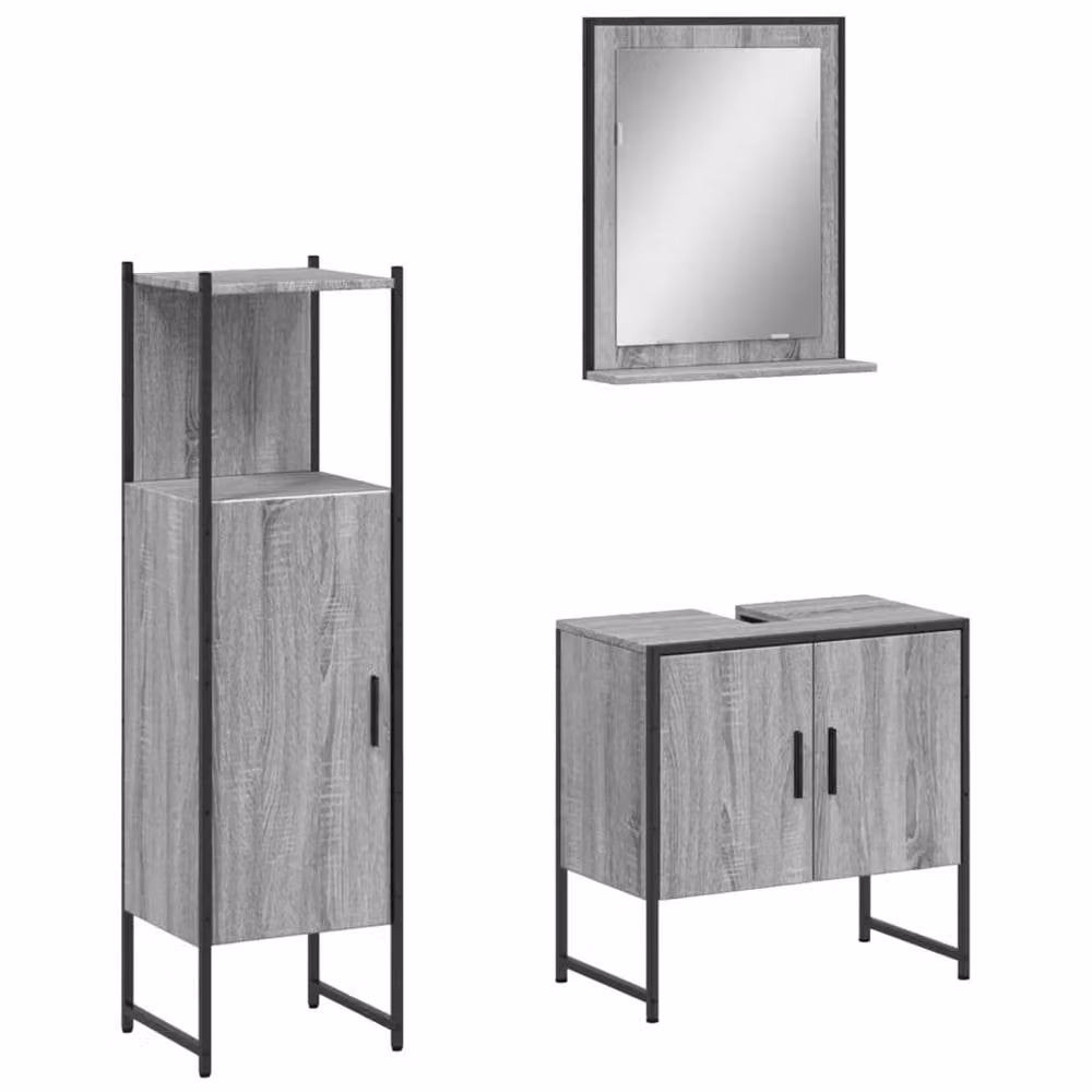 Berkfield Home 3 Piece Grey Bathroom Cabinet Set including Vanity Unit, Tall Cabinet and Mirror Cabinet – 2