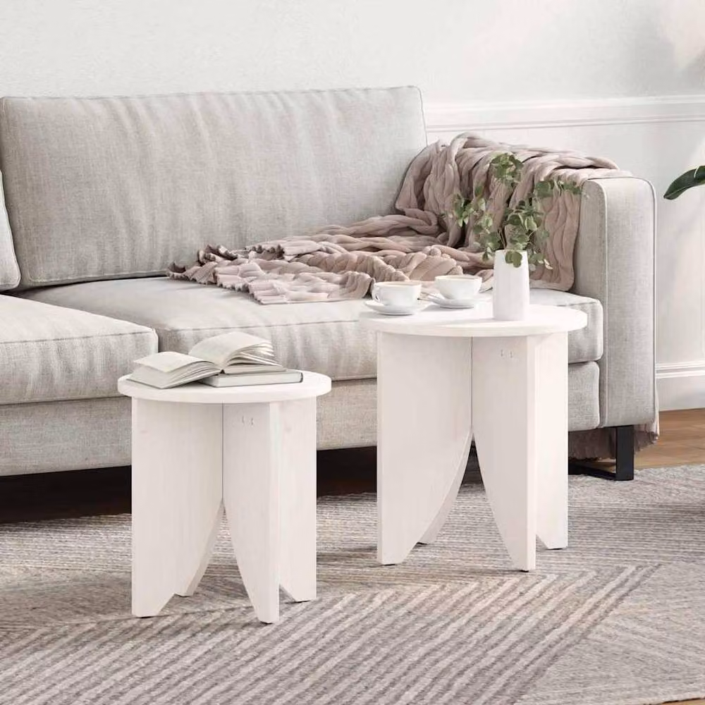 Berkfield Home 2-Piece Round Nested Coffee Table Set in White Rustic Pine Wood, W/D/H: 41.5 x 41.5 x 44 cm – 2