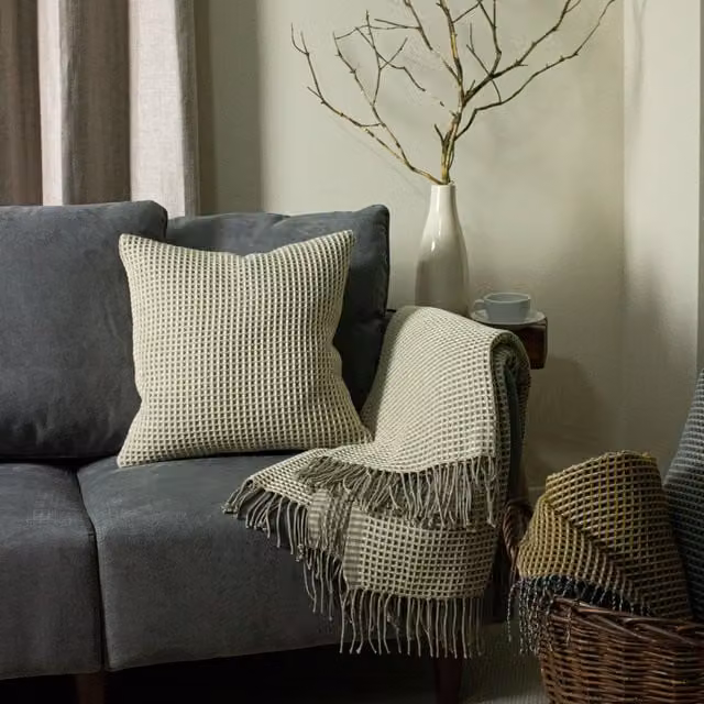 Furn Rowan Waffle Knitted Square Cushion in Beige and Multicolour, W/D/H: 45 x 45 x 45 cm
