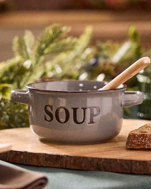 Dibor Set of 2 Grey Ceramic Soup Bowls with Handles, H 7 cm x Dia 13.4 cm