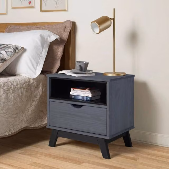 Mercers Furniture Forgevio Bedside Cabinet in Dark Blue Distressed Grey Waxed Solid Pine