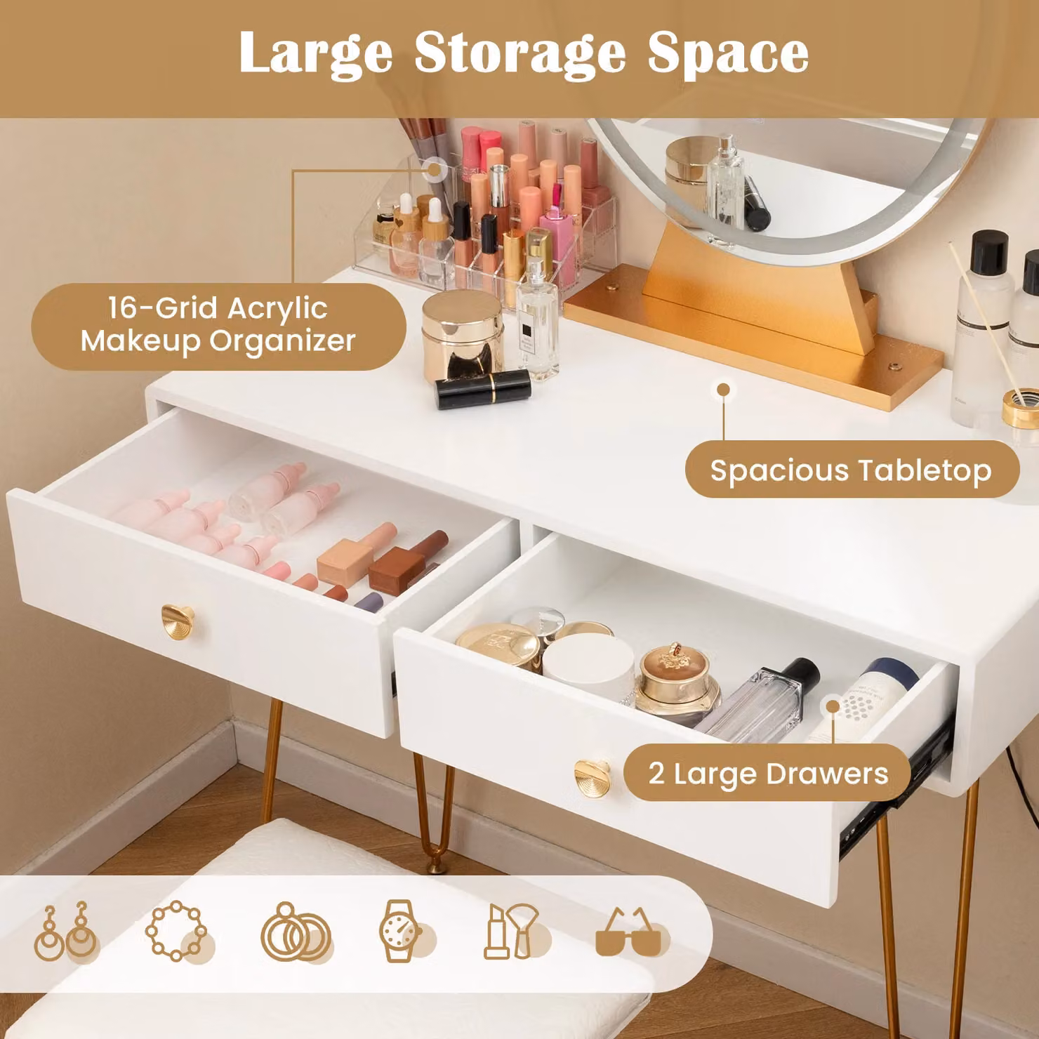 Gymax Modern White and Gold Vanity Set with LED Hollywood Mirror and Cushioned Stool – 3