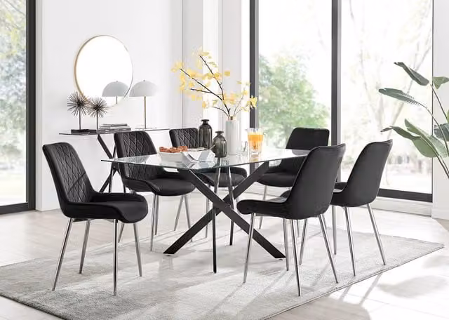 FurnitureboxUK Leonardo Black Leg Glass Dining Table with 6 Pesaro Silver Chairs