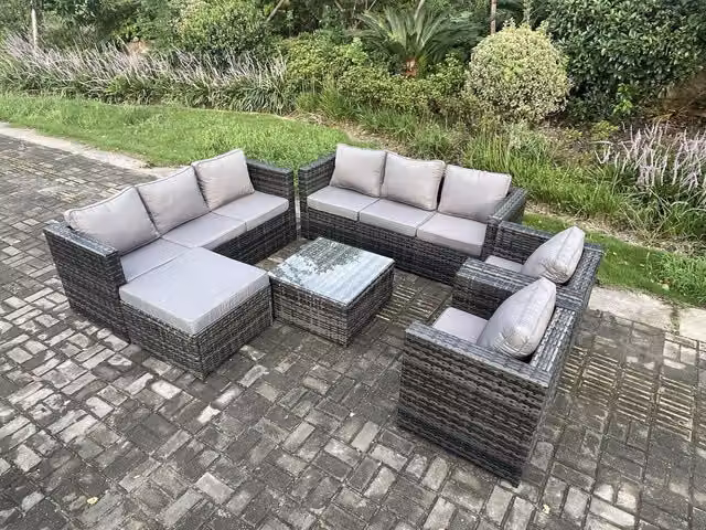Fimous 9 Seater Rattan Garden Furniture Set in Dark Grey with Armchair, Coffee Table and Ottoman – 1