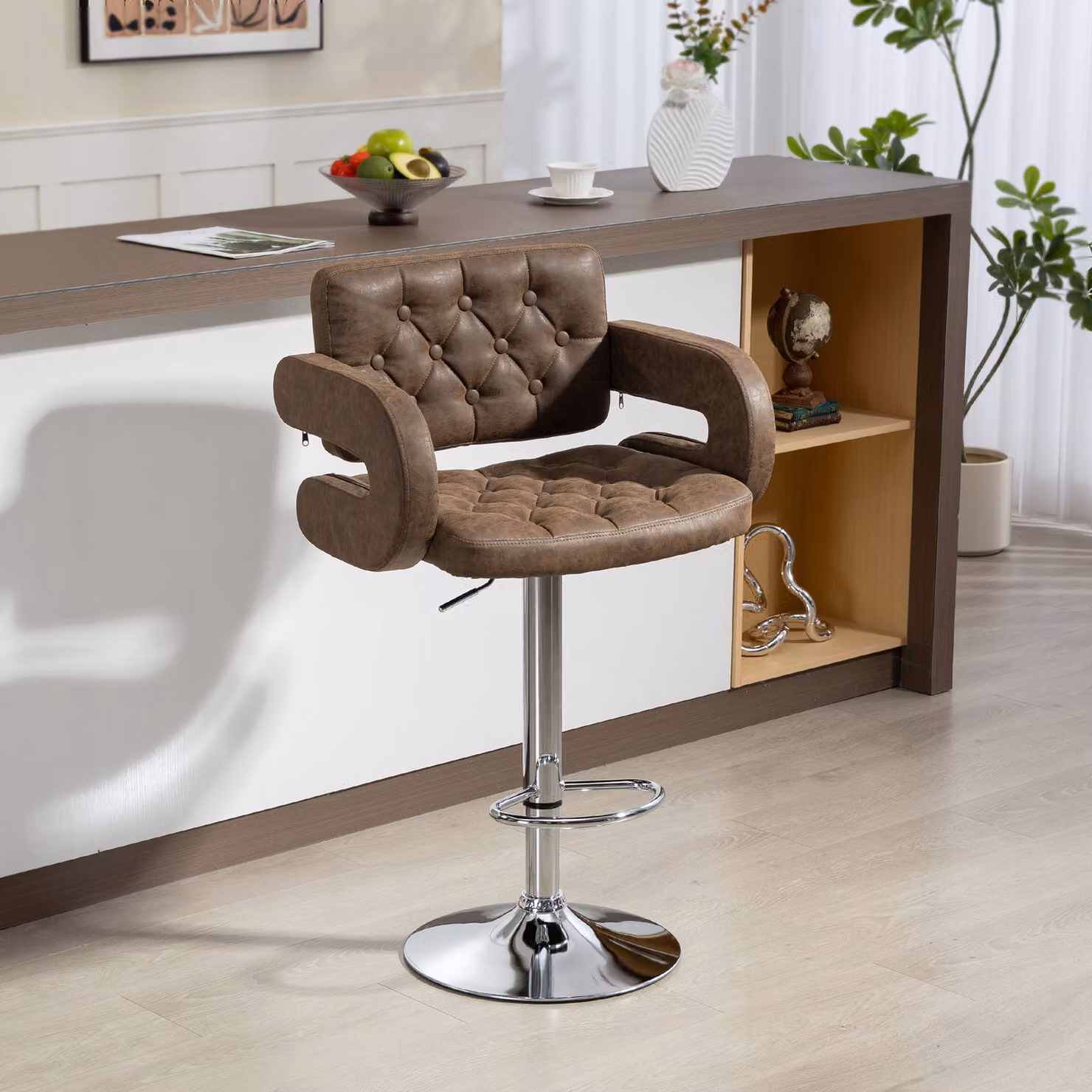 HOMCOM Brown PU Leather Upholstered Swivel Bar Stool with Armrests and Footrest – 2