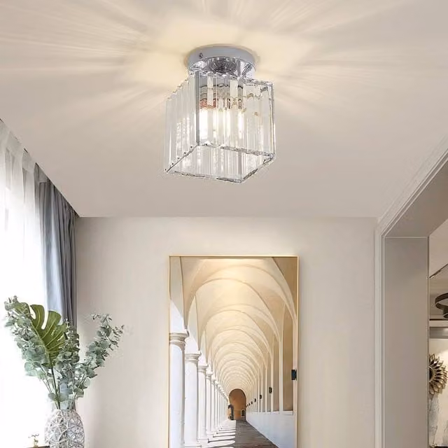 Goeco Square Crystal Semi Flush Mount Ceiling Light in Silver with E27 Socket