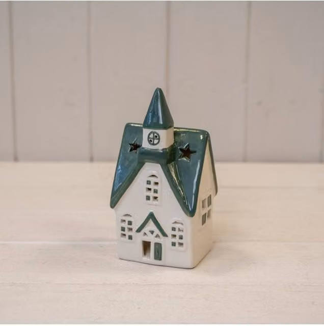 KDMD White and Green Ceramic House Tealight Holder