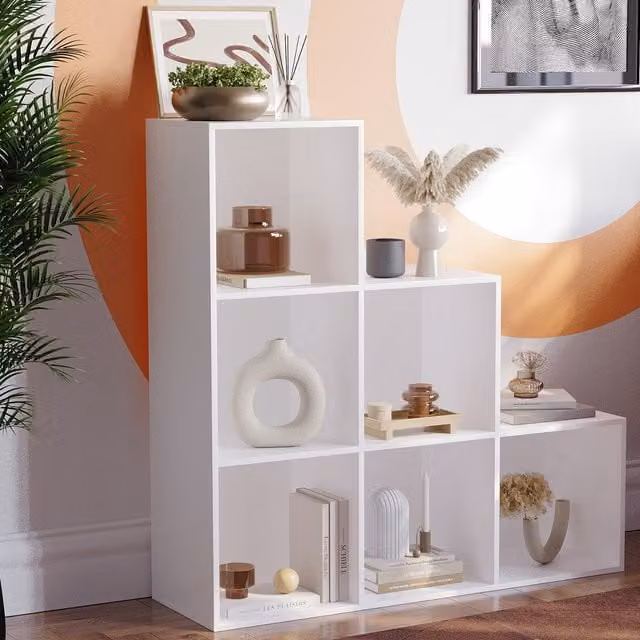Vida Designs Durham 6 Cube Staircase Storage Unit with 3 Grey Baskets, White