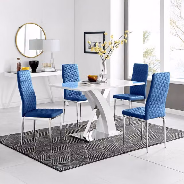 FurnitureboxUK Atlanta White Rectangular Dining Table and 4 Navy Blue Velvet Milan Chairs